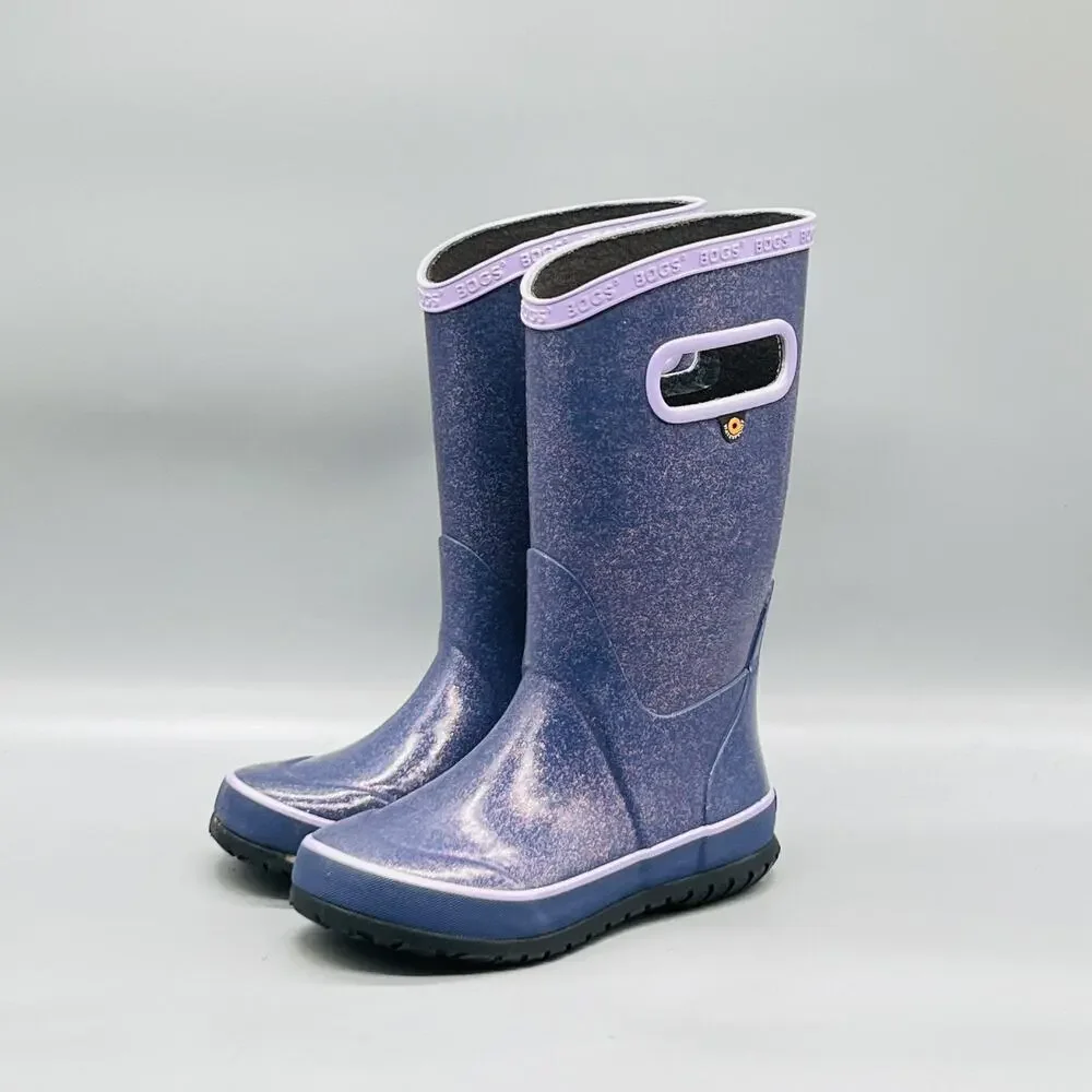 Bogs Boots Kids 13 Purple Glitter Rain Boot Pull On Rubber Waterproof Tall Shoes